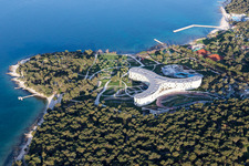 Aerial photograpy of Three armes of the of the hotel building and its parc of Family Hotel Amarin at the Adriatic sea in Rovinj in Istria- Istarska zupanija, Croatia
