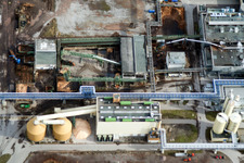 Oblique view of Stora Enso paper mill in the district Knielingen in Karlsruhe in the state Baden-Wuerttemberg, Germany
