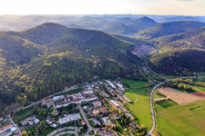 Aerial view of Psychiatric State Hospital Landeck in spring from the southeast in Klingenmünster in the state Rhineland-Palatinate, Germany