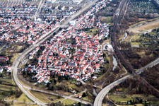 From the west in the district Knielingen in Karlsruhe in the state Baden-Wuerttemberg, Germany
