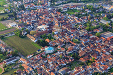 Aerial view of Oval church building of St. Johannes Mußbach in the district Mußbach an der Weinstraße in Neustadt an der Weinstraße in the state Rhineland-Palatinate, Germany