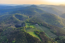 Aerial view of Odinstal winery in a clearing on the heights of the Palatinate Forest in Wachenheim an der Weinstraße in the state Rhineland-Palatinate, Germany