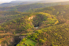 Aerial view of Basalt lake in the Pechsteinkopf nature reserve at the Old Forster basalt quarry in Forst an der Weinstraße in the state Rhineland-Palatinate, Germany