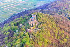 Madenburg castle ruins on an autumnally colored mountain in the Palatinate Forest from the north in Eschbach in the state Rhineland-Palatinate, Germany out of the air