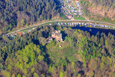 Aerial view of Neudahner Weiher campsite - Günther Jacobi and Moosbachtal campsite - J. Horlemann Erben GbR in Dahn in the state Rhineland-Palatinate, Germany