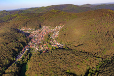 Aerial photograpy of Hidden village in the Palatinate Forest from the east in Dörrenbach in the state Rhineland-Palatinate, Germany