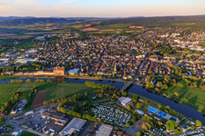 City view on the Weser in the foreground mobile camping Holzminden in Holzminden in the state Lower Saxony, Germany