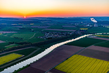Aerial photograpy of Nuclear power plant Grohnde from a distance at sunset in the district Grohnde in Emmerthal in the state Lower Saxony, Germany
