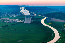 Oblique view of Nuclear power plant Grohnde at sunset in the district Grohnde in Emmerthal in the state Lower Saxony, Germany