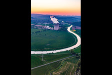 Nuclear power plant Grohnde at sunset in the district Grohnde in Emmerthal in the state Lower Saxony, Germany from above