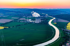 Nuclear power plant Grohnde at sunset in the district Grohnde in Emmerthal in the state Lower Saxony, Germany out of the air