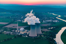 Nuclear power plant Grohnde at sunset in the district Grohnde in Emmerthal in the state Lower Saxony, Germany from the plane