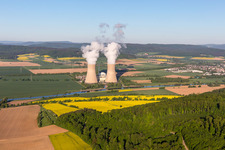 Cooling towers of the nuclear power plant Grohnde from the east in the district Grohnde in Emmerthal in the state Lower Saxony, Germany