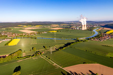 Aerial photograpy of Building remains of the reactor units and facilities of the NPP nuclear power plant Grohnde on the river Weser during sunset in Grohnde in the state Lower Saxony, Germany