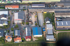Aerial photograpy of Commercial area at the train station in Kirrweiler in the state Rhineland-Palatinate, Germany