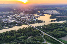Rhine bridge of the B36 and harbor in the district Rheinsheim in Philippsburg in the state Baden-Wuerttemberg, Germany