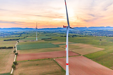 Aerial view of EnBW wind farm - wind turbine with 6 wind turbines in Freckenfeld in the state Rhineland-Palatinate, Germany