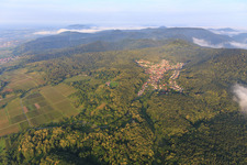 Hidden village in the Palatinate Forest from the east in Dörrenbach in the state Rhineland-Palatinate, Germany out of the air