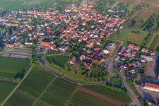 Aerial view of Wine Route with German Wine Gate from the east in Schweighofen in the state Rhineland-Palatinate, Germany