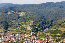 Oblique view of Ruins of the former fortress Wachtenburg ("Burg Wachenheim") in Wachenheim an der Weinstrasse in the state Rhineland-Palatinate, Germany