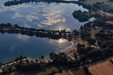 Aerial view of Leisure - Camping Erlichsee on a promontory of the quarry lake in the district Oberhausen in Oberhausen-Rheinhausen in the state Baden-Wuerttemberg, Germany