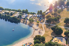 Leisure - Camping Erlichsee on a promontory of the quarry lake in the district Oberhausen in Oberhausen-Rheinhausen in the state Baden-Wuerttemberg, Germany out of the air