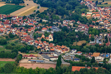 Aerial view of Kirchstraße and St. Georg in Hördt in the state Rhineland-Palatinate, Germany