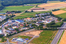 Aerial photograpy of Speyerer Straße commercial area on the B9 in Schwegenheim in the state Rhineland-Palatinate, Germany