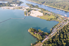 Aerial view of Baggesee and ferry in Seltz in the state Bas-Rhin, France