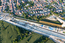 Aerial photograpy of Construtcion work on a rail tunnel track in the route network of the Deutsche Bahn in Rastatt in the state Baden-Wurttemberg, Germany