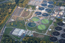 Sewage works Basin and purification steps for waste water treatment of Klaerwerk Karlsruhe in Karlsruhe in the state Baden-Wurttemberg, Germany