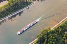 Aerial view of Passenger steamer on the Rhine in Hördt in the state Rhineland-Palatinate, Germany