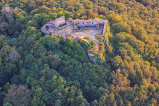 Lindelbrunn Castle Ruins in Vorderweidenthal in the state Rhineland-Palatinate, Germany from above