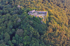 Lindelbrunn Castle Ruins in Vorderweidenthal in the state Rhineland-Palatinate, Germany out of the air