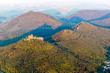 Aerial view of The 3 castles Trifels, Anebos and Münz in the district Bindersbach in Annweiler am Trifels in the state Rhineland-Palatinate, Germany