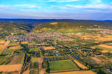 Aerial view of View of the town on the Bergstraße from the west in Schriesheim in the state Baden-Wuerttemberg, Germany