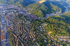Aerial view of City view on the Bergstrasse from the southwest in Weinheim in the state Baden-Wuerttemberg, Germany