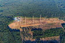 Aerial view of IBB International Broadcasting Bureau Transmitter Station Lampertheim for relaying US radio in the district Neuschloß in Lampertheim in the state Hesse, Germany