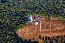 Aerial photograpy of IBB International Broadcasting Bureau Transmitter Station Lampertheim for relaying US radio in the district Neuschloß in Lampertheim in the state Hesse, Germany