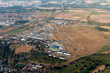 Aerial photograpy of Runway with tarmac terrain of former US-military airfield Coleman in the district Sandhofen in Mannheim in the state Baden-Wurttemberg, Germany