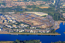 Gate 15 with freight station and industrial port on the Rhine in the district BASF in Ludwigshafen am Rhein in the state Rhineland-Palatinate, Germany
