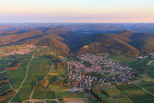 View of the village on the edge of the Haardt in the morning from the southwest in Klingenmünster in the state Rhineland-Palatinate, Germany