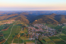 Aerial view of View of the village on the edge of the Haardt in the morning from the southwest in Klingenmünster in the state Rhineland-Palatinate, Germany
