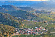 View of the village on the edge of the Haardt in the morning from the south in Eschbach in the state Rhineland-Palatinate, Germany