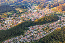 City view in the Palatinate Forest in the morning from the northeast in Dahn in the state Rhineland-Palatinate, Germany