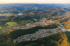 Aerial view of City view in the Palatinate Forest in the morning from the northeast in Dahn in the state Rhineland-Palatinate, Germany