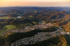 Aerial photograpy of City view in the Palatinate Forest in the morning from the northeast in Dahn in the state Rhineland-Palatinate, Germany