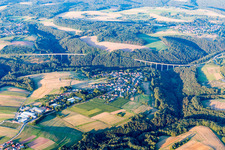 Aerial view of Village view from the north in front of the valley bridges of the A8 in the district Hengsberg in Pirmasens in the state Rhineland-Palatinate, Germany