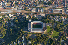 Aerial photograpy of Sports facility grounds of the Arena stadium " Fritz-Walter-Stadion " in destrict Betzenberg on Fritz-Walter-Strasse in Kaiserslautern in the state Rhineland-Palatinate, Germany