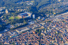 Aerial view of B37, main station and Fritz-Walter-Stadion of 1. FCK in Kaiserslautern in the state Rhineland-Palatinate, Germany